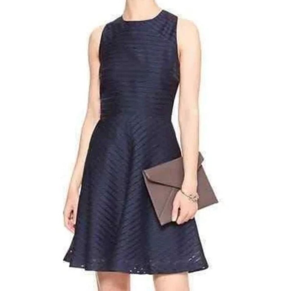 Banana Republic Sheer-Stripe Fit and Flare Navy Dress